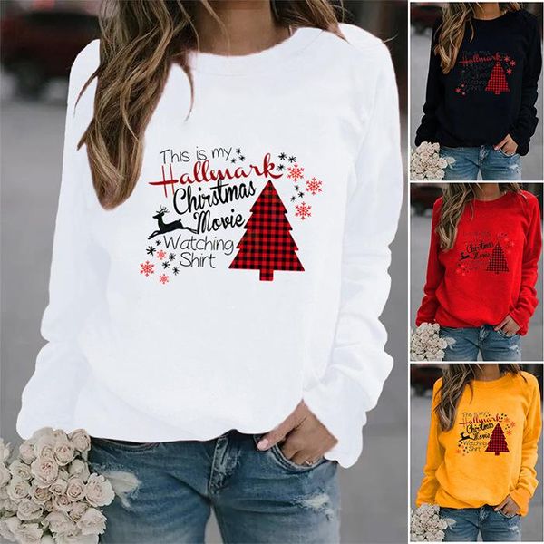 

women's hoodies & sweatshirts women hoodie christmas movie watching shirt printed fleece long sleeve o neck loose sweatshirt girls pull, Black