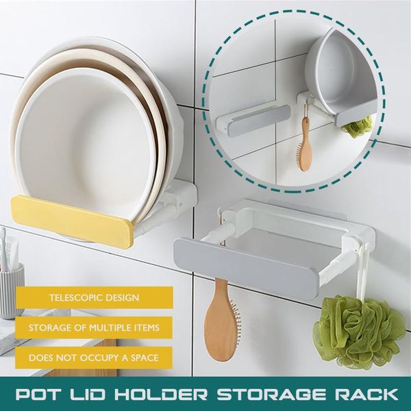 

wall mounted kitchen storage rack shelf holder retractable 2-in-1 pot lid punch-organizer hooks & rails