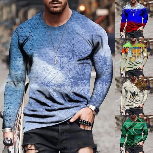 

men's t-shirts fashion t shirt for men loose round neck 3d printing long-sleeved t-shirt camiseta hombre graphic shirts ropa, White;black