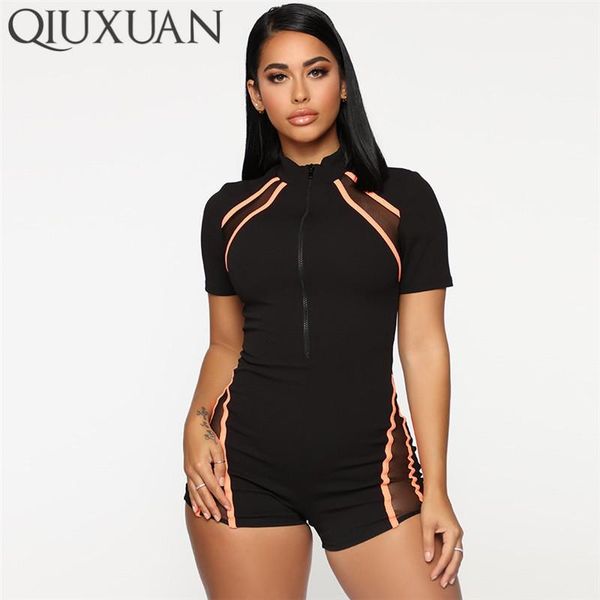 

women's jumpsuits & rompers qiuxuan see-through black mesh white striped patchwork women fitness playsuit zipper short sleeve womens ju, Black;white