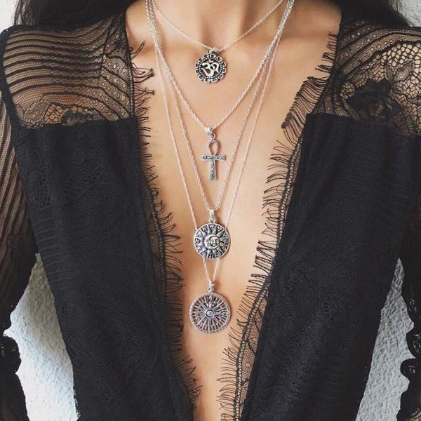 

pendant necklaces 2021 vintage necklace fashion long cross retro hollow layered gothic jewelry women for, Silver