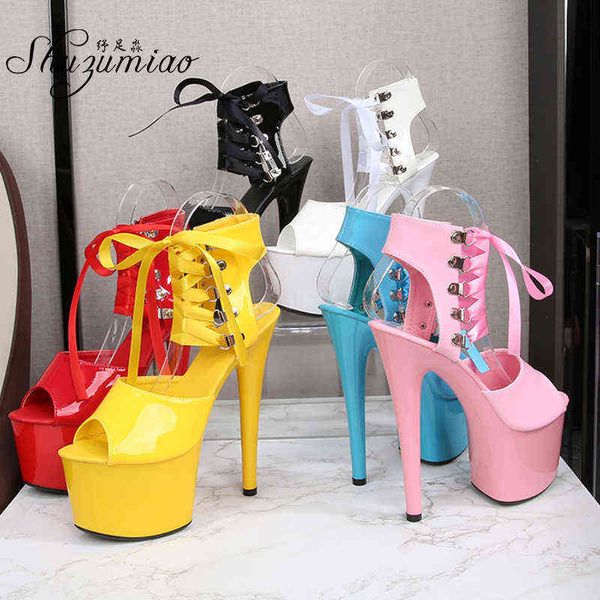 Sandálias Mulheres Sapatos 15cm 17 cm 20 cm Salto alto Catwalk Pole Dança Fine Bottle Anchle Strap Sexy Platform Wedding 220121