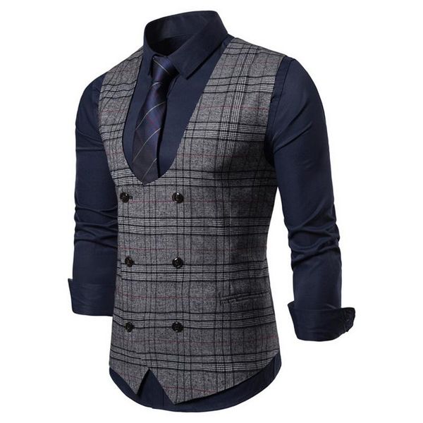 

men's vests mens stripe plaid formal blazer casual double breasted o-neck men waistcoat male suit vest business, Black;white
