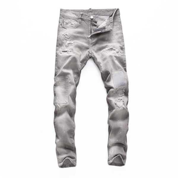

men clothing jeans straight leg stretchy ripped badge skinny men's denim pants regular cotton jean destroyed hole clothing hip hop casu, Blue