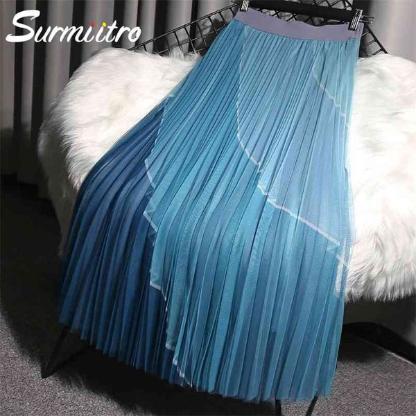 

surmiitro spring summer 3 layers korean style elegant women patchwork mesh high waist midi long tulle pleated skirt female 210708, Black