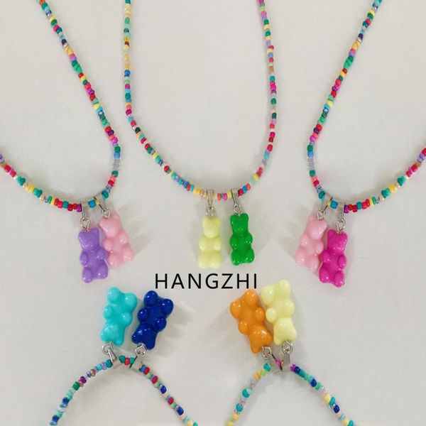 

pendant necklaces hangzhi color resin bear crystal contrast beaded clavicle necklace party fashion jewelry gift for women girl 2021, Silver
