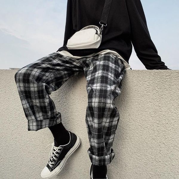 

men's pants japanese and korean style fashionable slim comfortable plaid, Black