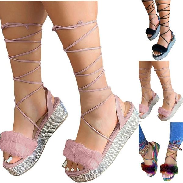 

sandals womens leg wraps summer bandage thick bottom rhinestone multicolor furry european station high heel square, Black