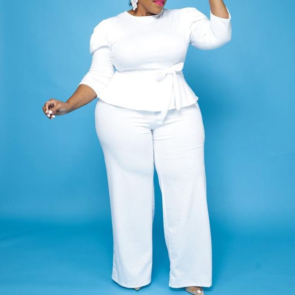 

plus size tracksuits 2021 european american autumn solid color bubble sleeve trousers round neck high waist women's two-piece suit, Black