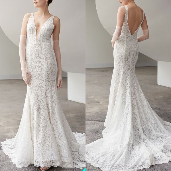 

elegant a line wedding dresses v-neck full-sleeve race wedding gown backless sweep train vestidos de novia, White