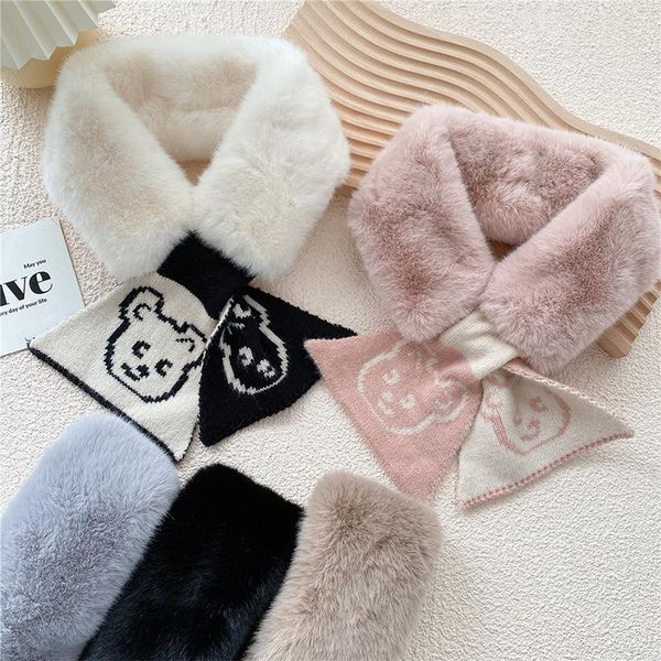 

scarves autumn/winter soft thickened warmth scarf faux fur plush thicken cross snood solid color cute knitted cartoon bear, Blue;gray
