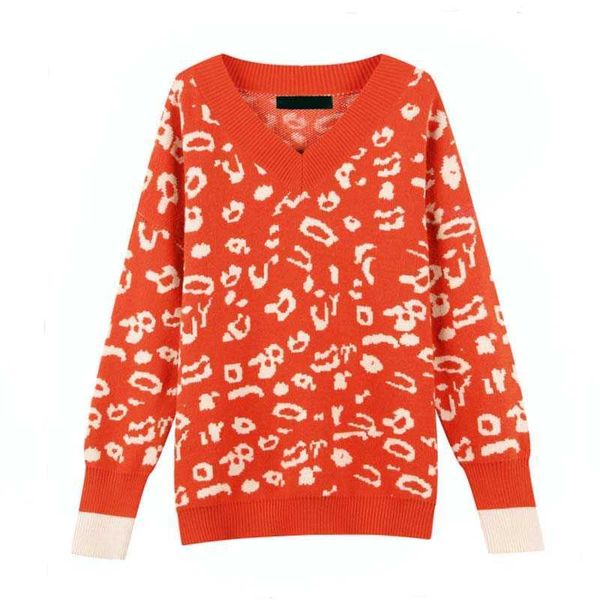 Vielleicht u Frauen Pullover Gestrickte Pullover V-Ausschnitt Langarm Orange Rosa Khaki Lose Lässige Herbst Winter Frühling Leopard M0112 210529