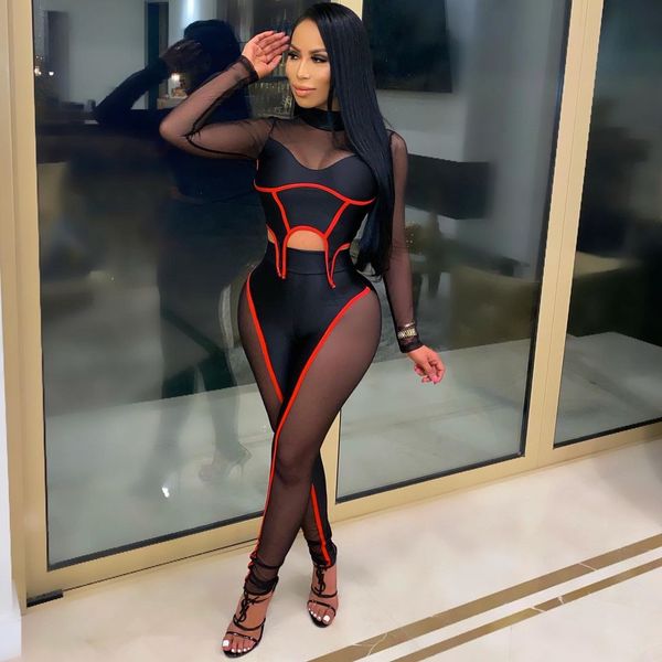 

women two pieces set mesh patchwork long sleeve + long pant trouser women summer slim traksuit outfit clubwearby air, Black;white