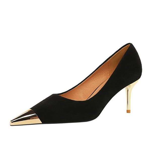 

dress shoes european and american fashion nightclub show thin heel large size high suede shallow mouth metal pointed single, Black