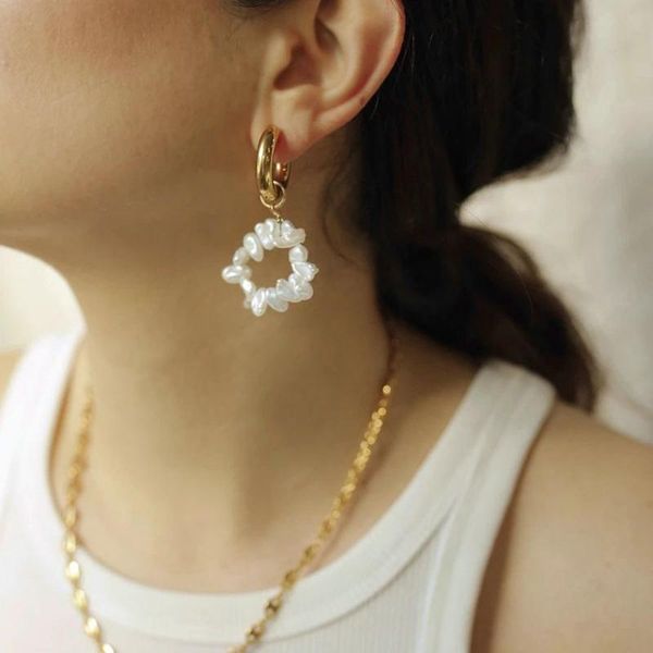 

baroque freshwater pearl circle huggies earrings for women gold plated brass hoop party jewelry & huggie, Golden;silver