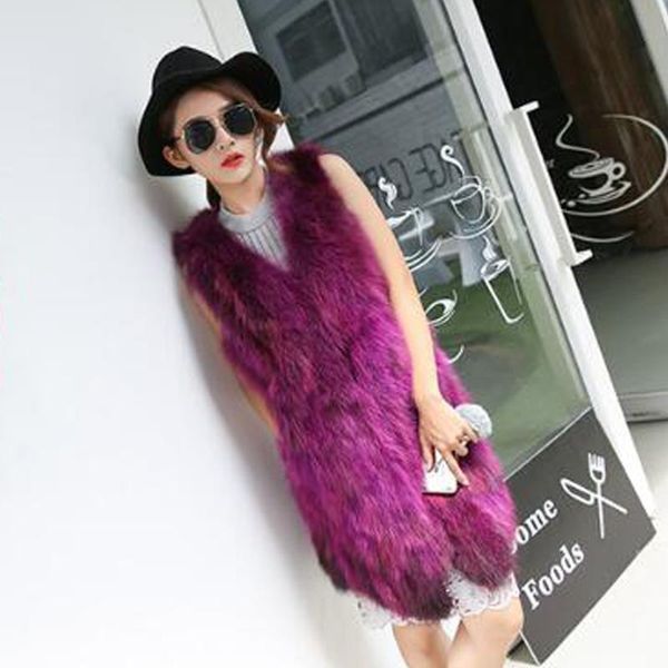 

women's fur & faux winter long vest for women 100% real raccoon gilet warm natural coat match sr859, Black