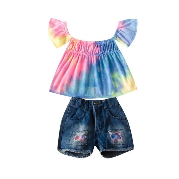 

clothing sets children set girls ruffles sleeve and shorts fashion tie-dye boat neck t-shirt ripped denim short pants, White