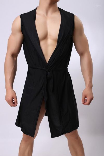 

men's sleepwear 2021 ice silk bathrobe hooded big thin long foreign trade plus size bath robe, Black;brown