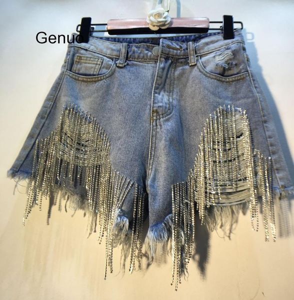 

women's jeans european style summer pants women hand diamond bead drill high waist slim holes shorts girl lady beach femme, Blue