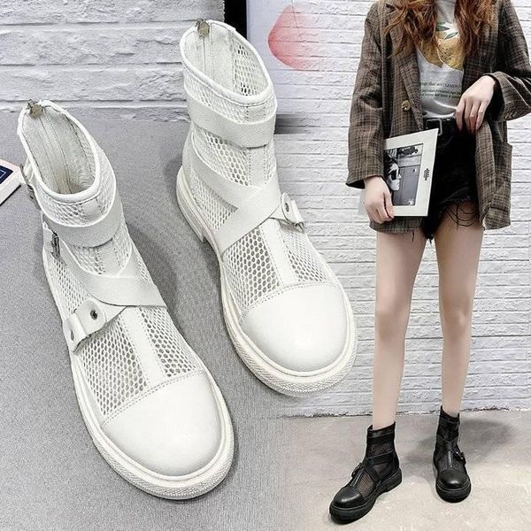

boots women 2021 fashion all-match thick bottom mesh summer round toe zipper breathable flat ankle, Black