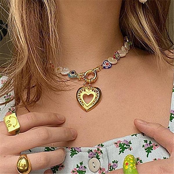 

pendant necklaces aomu bohemian romantic retro colorful metal flower heart necklace irregular geometric hollow for women party accessories, Silver