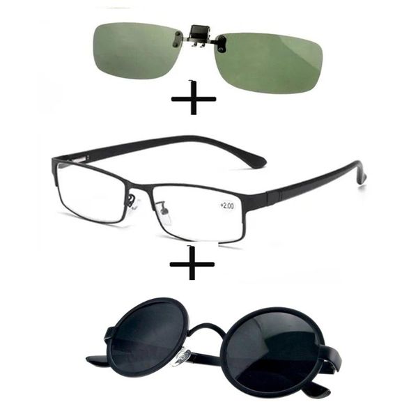 

sunglasses 3pcs rectangular metal business reading glasses for men women + round polarized sports clip, White;black