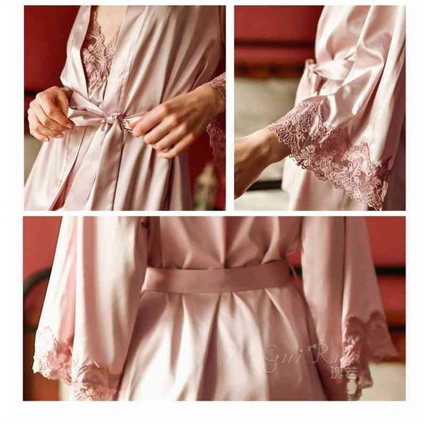 

women's sleepwear women robe gown set faux silk 2 pcs pajamas set ladies lace summer spring sling nightdress home wear 7ce1, Black;red