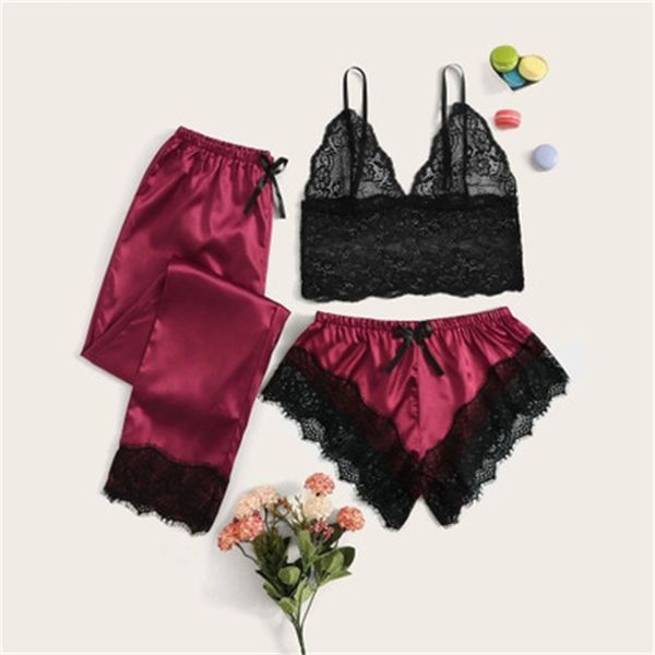 

2021 lingerie wine red satin three piece women's pajama suit, Red;black