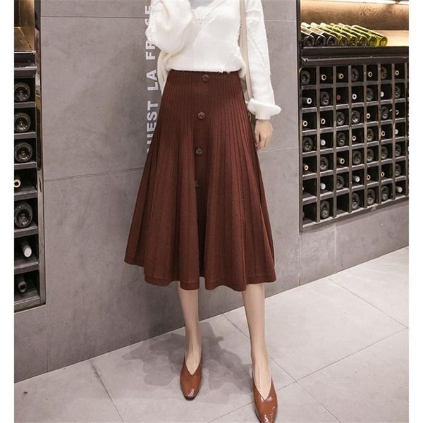 

skirts 2021 autumn winter sweat elastic high waist pleat midi knitted skirt a-line female solid elegant knit, Black