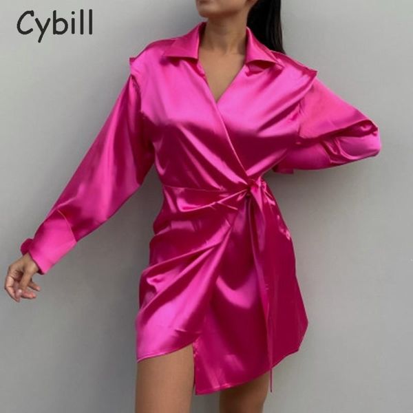 

casual dresses cybill notched satin long sleeve mini dress vintage wrap bandage a-line rose red short shirt women 2021 club party, Black;gray