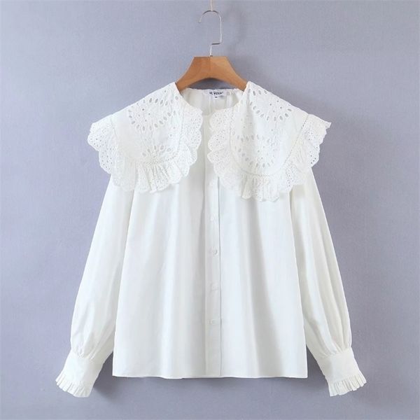 

women hollow embroidery turndown collar white shirts female long sleeve blouses casual lady loose blusas s8277 220311