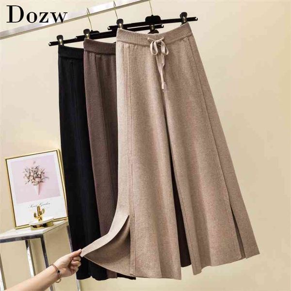 

women loose pure casual soft pants autumn winter knit cashmere sweater wide leg elastic waist bow tie split trousers 210515, Black;white