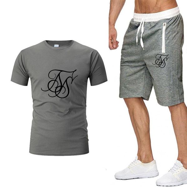

men's tracksuits summer brand casual sportswear suit round neck t-shirt + pants two-piece breathable cotton printed sweatshirt, Gray