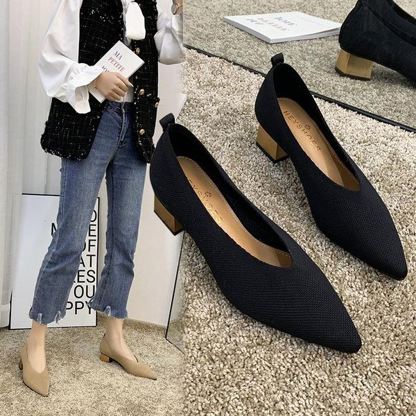 

dress shoes women's high heels korean style fashion solid color pointed toe thick, Black