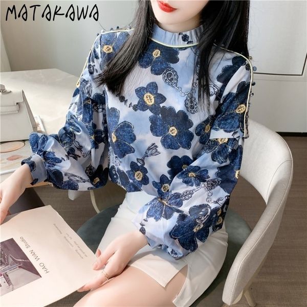 

matakawa spring retro chiffon shirt women loose fashion print color woman blouses stand collar lantern sleeve blusas 210513, White