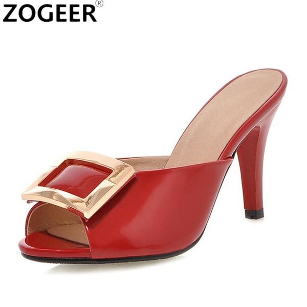 

slippers pu leather high heels women slipper peep toe thin buckle footwear summer fashion 2021 brand ladies mules shoes  colors, Black