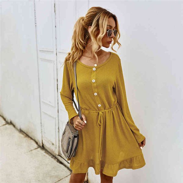 

dresses autumn winter button thin knitted women casual o-neck solid high waist full sleeve female office lady e9e0, Black;gray