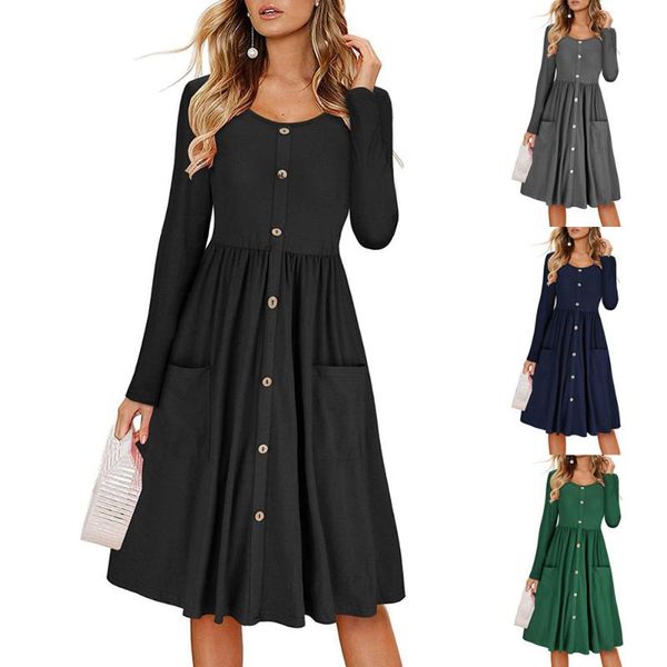 

casual dresses women autumn solid dress round neck long sleeve pocket tunic button causal elegant vestidos de fiesta plus size xxl, Black;gray