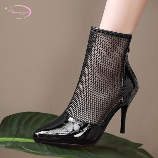 

sandals casual style pointed toe summer boots fashion zipper hollow-out black white high heel stiletto women's riding