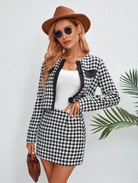 

houndstooth pattern tweed jacket & skirt q5b4#, White