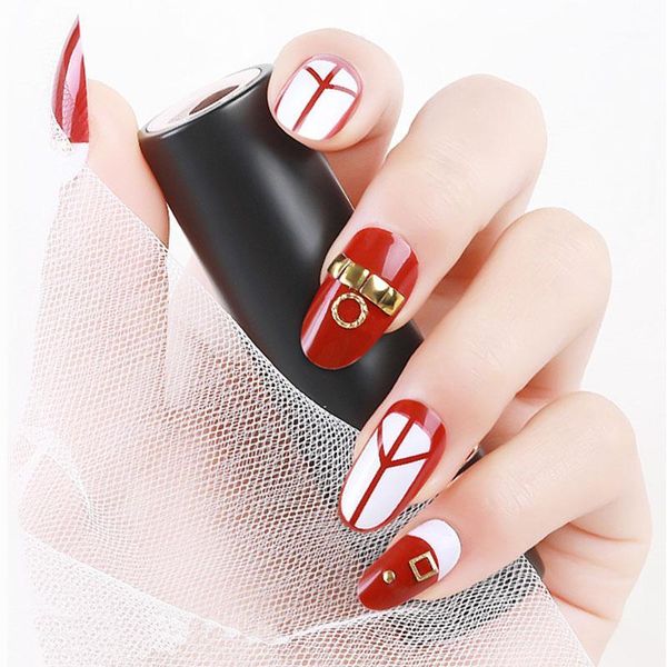 

24pcs false nails detaching fake with glue press on art nail on1, Red;gold