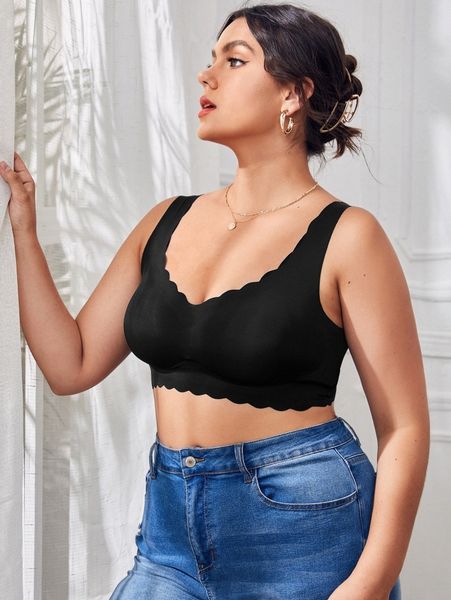 

plus scallop trim seamless bralette c20g#, Black;white