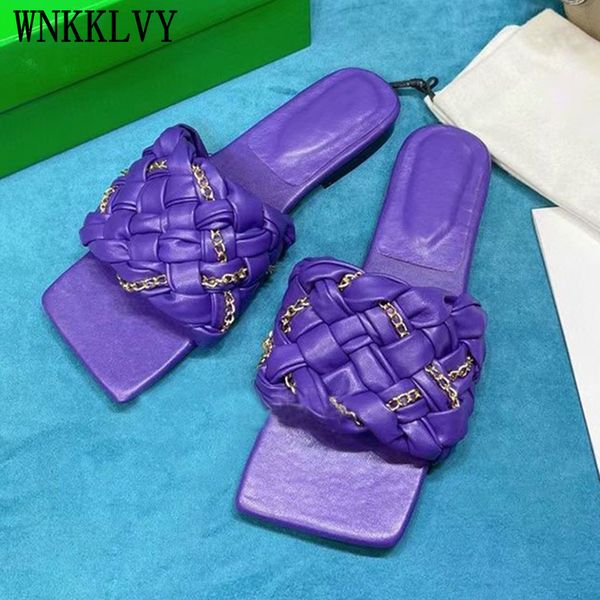 

70% off wholesale sandals flip-flops runway flat heel slippers women hand weave real leather gold chain lazy mules summer casual beach shoes, Black