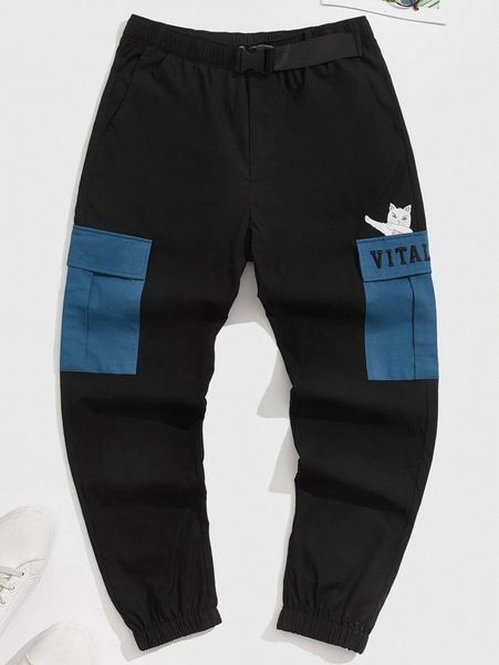 

men cartoon & letter graphic flap pocket pants 67zs#, Black