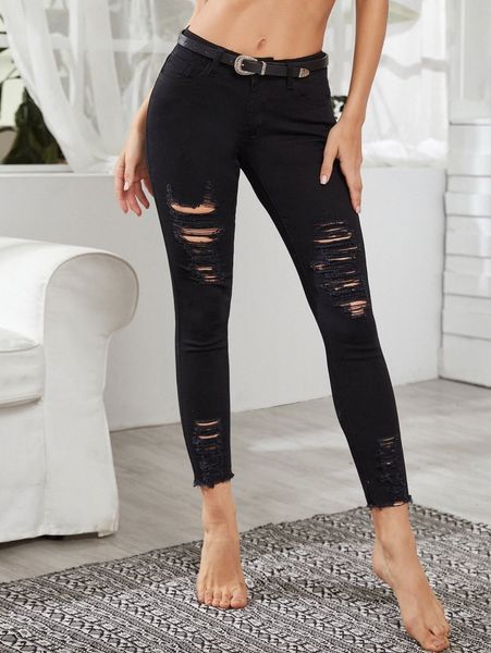 

high waist high stretch distressed jeans without belted v9tn#, Blue