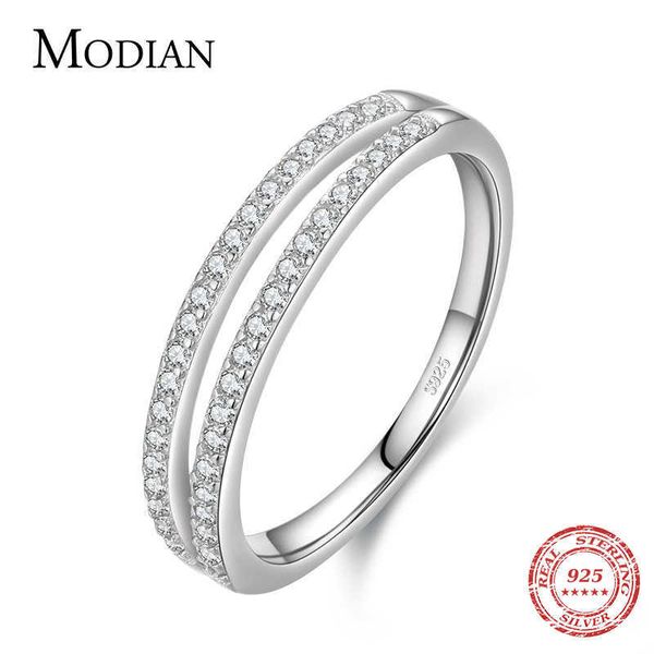 

100% 925 sterling silver double circle line simple clear cz finger ring shiny fashion rings for women wedding jewelry 210707, Slivery;golden