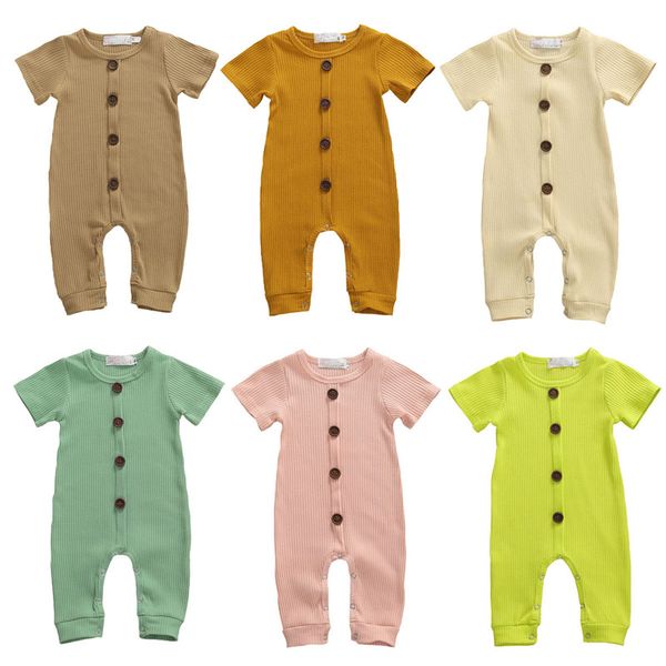 

baby boy girls clothes summer sunsuit short sleeve button ribbed knitted rompers overalls toddler infant outfit jumpsuit clothes, Blue