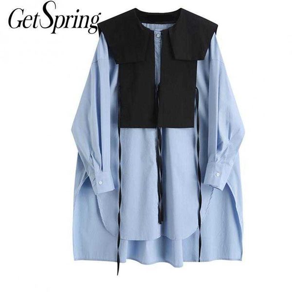 

getspring women blouse patchwork color matching irregular cotton womens blouses asymmetry fake two casual shirts 210601, White