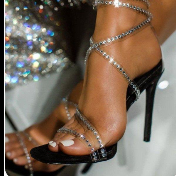 

sandals 2021 women's shoes solid color the all-match comfortable rhinestone women high heels woman summer party, Black