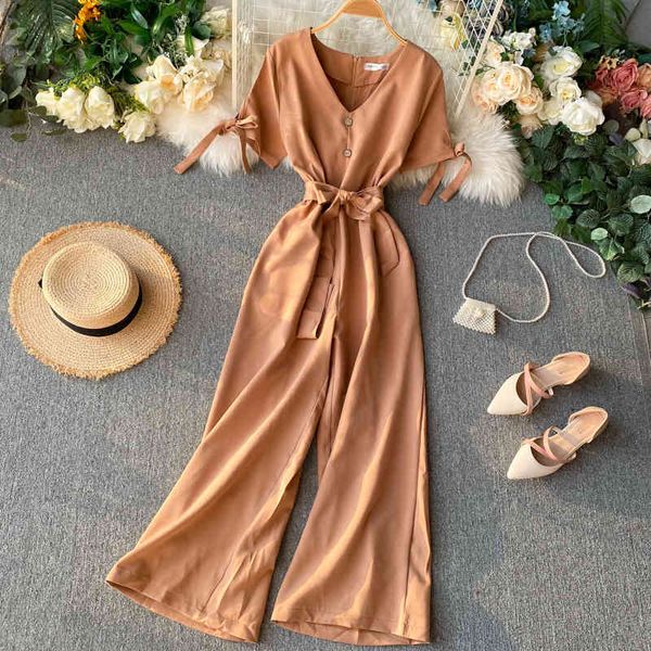 V-Ausschnitt Breitbeiniger Overall Sommer Frauen Spaghetti Strap Button Schärpen Hohe Taille Playsuit Urlaub Strampler 210423